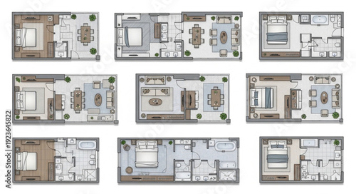 Architectural floor plans showcasing various residential apartment layouts and designs.