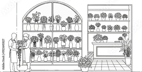 Florist shop display with two people arranging bouquets and shelves of flowers