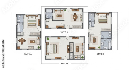 Detailed architectural floor plans showcasing various apartment layouts and designs.
