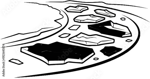 Frozen river with ice floes and distant hills