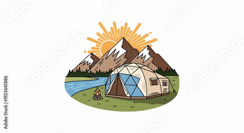 Idyllic mountain camp with geodesic dome tent by river