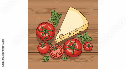 Fresh tomatoes and a wedge of cheese with basil leaves on a wooden surface