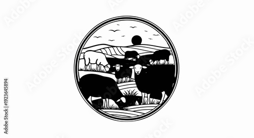 Flock of sheep grazing in a pastoral landscape under a setting sun