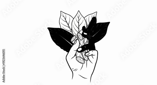 Hand holding tobacco leaves with coins