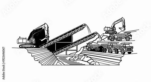 Excavators load dump trucks at a mining operation with conveyors
