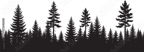 Black silhouette illustration of dense coniferous forest with pine and fir trees, showcasing natural skyline, wilderness atmosphere, and artistic 
