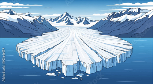 Expansive glacier flows from snow-capped mountains into blue ocean water