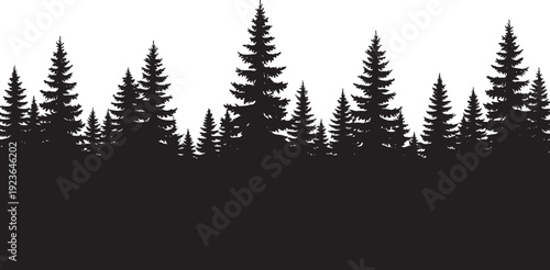 Black silhouette illustration of dense coniferous forest with pine and fir trees, showcasing natural 