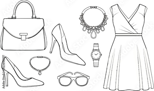 Fashion ensemble handbag, heels, dress, necklace, watch, and sunglasses
