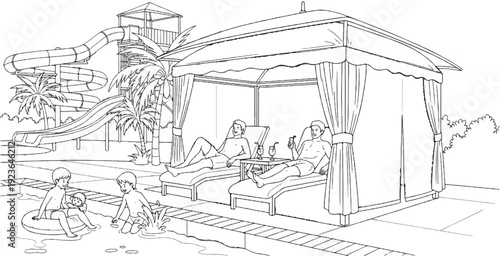 Family enjoying a resort pool with water slides and cabanas