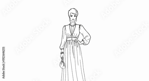 Fashion illustration of a woman in a long, elegant dress