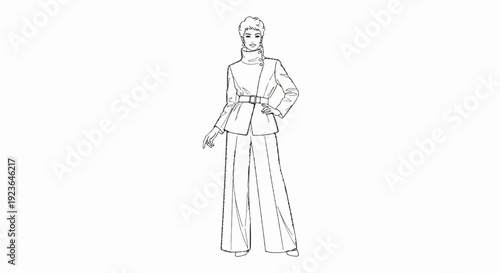 Fashion illustration of a woman in a stylish belted jacket and wide-leg pants