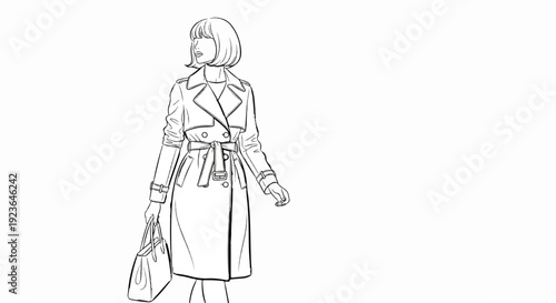 Fashion illustration of a woman in a trench coat holding a handbag