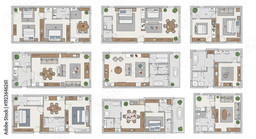 Detailed architectural floor plans showcasing various apartment layouts and interior designs.