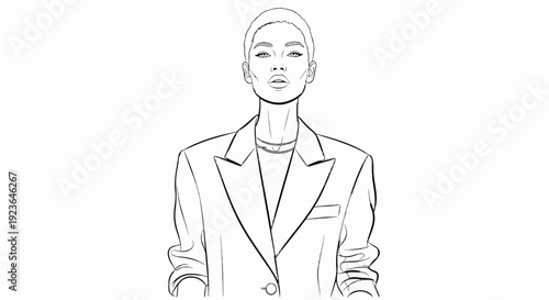 Fashion sketch of a confident individual with short hair wearing a blazer