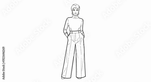 Fashion illustration of a woman in wide-leg pants and turtleneck