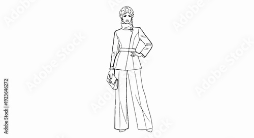 Fashion sketch of a woman in a belted jacket and wide-leg pants, holding a clutch