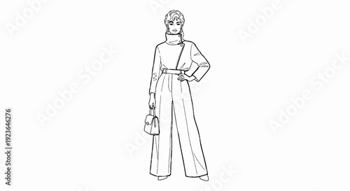 Fashion sketch of a woman in a belted wide-leg pantsuit and high collar