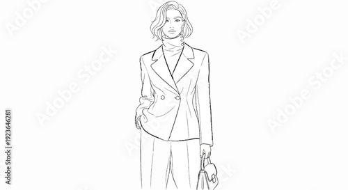 Fashion sketch of a woman in a double-breasted blazer, turtleneck, trousers, and handbag