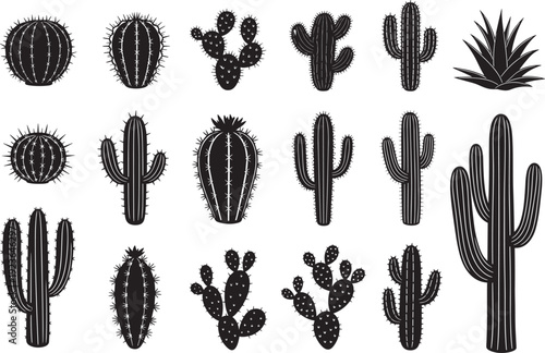 Black silhouette illustration of eighteen different cactus and succulent plants arranged in grid pattern, showcasing diverse desert flora species, botanical variety, and natural design inspiration