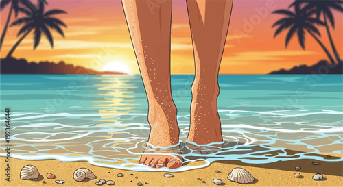 Feet in the sea at sunset with palm trees