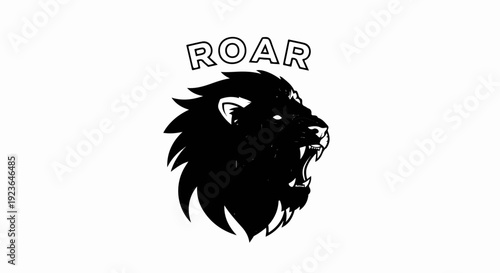 Ferocious black lion head roaring with "ROAR" text above