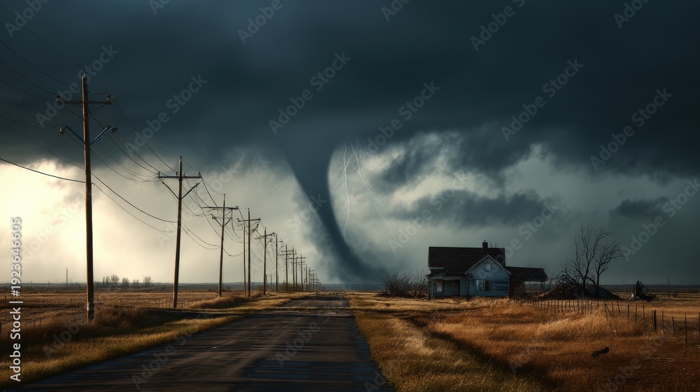 Naklejka premium Large tornado approaching abandoned house and road with power lines in rural landscape. Natural disaster and severe weather concept.