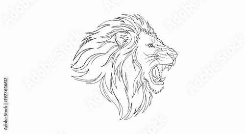Ferocious lion's head profile sketch with open roaring mouth