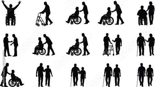 Elderly care silhouettes collection, seniors with wheelchair walker and cane assisted isolated on white background illustration