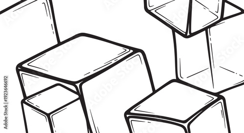 Black and white illustration of stacked cubes and blocks