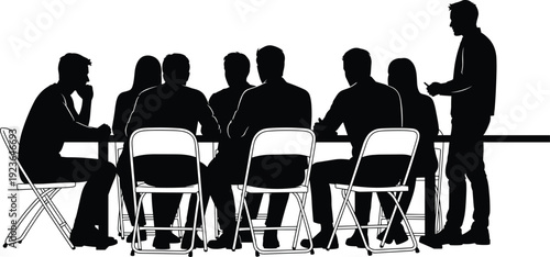 Business meeting silhouettes, team discussion at conference table isolated on white background corporate teamwork concept illustration