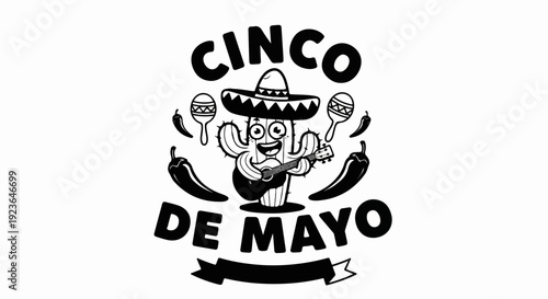 Festive cactus in sombrero plays guitar surrounded by chilies and maracas