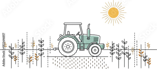 Minimalist vector illustration depicting a farm tractor working in a field with stylized crops under a shining sun, representing agriculture, rural life, and harvest season.