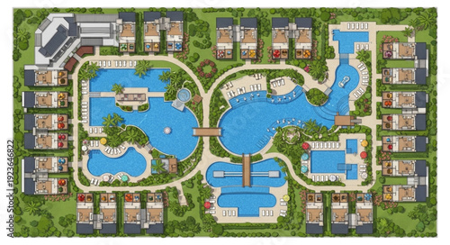 Aerial view of a luxury resort with multiple swimming pools and villas.