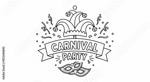 Festive jester hat, masks, and confetti celebrate a carnival party