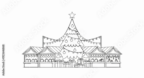 Festive market scene with decorated tree, stalls, lights, and gifts