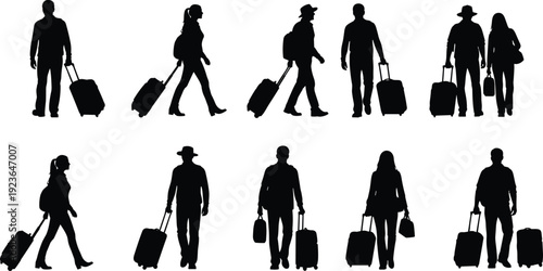 Black silhouette set of travelers with suitcases and backpacks, men and women walking with luggage, tourist collection isolated white.