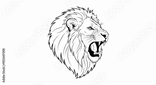 Fierce black and white line drawing of a lion's head roaring