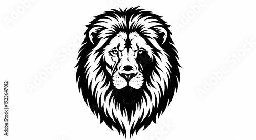 Fierce black and white illustration of a lion's face with detailed mane