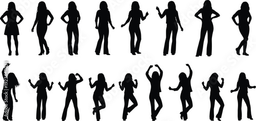 Women dancing silhouettes collection, female standing and party dance poses isolated on white background lifestyle illustration set