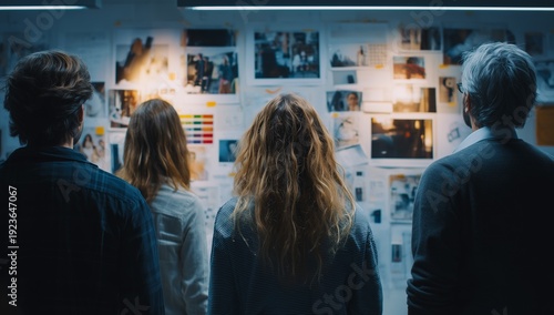 Creative team reviewing visual ideas on inspiration wall in design studio