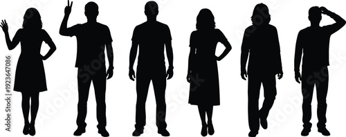 Young people silhouettes set, men and women standing waving gestures isolated on white background illustration collection