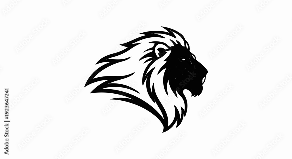Fototapeta premium Fierce black lion profile with flowing mane on a white background