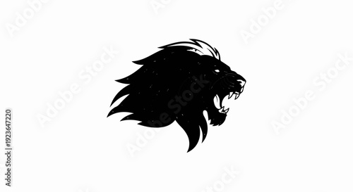 Fierce black lion head with open mouth and sharp teeth, roaring