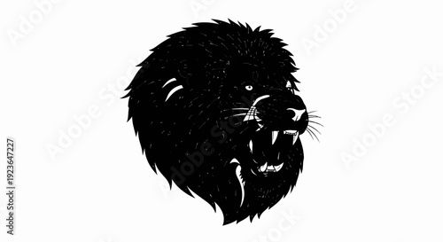Fierce black lion head with open mouth, sharp teeth, and mane
