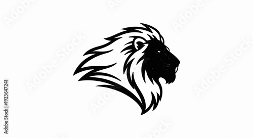 Fierce black lion profile with flowing mane on a white background
