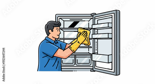 Man in yellow gloves cleaning an open refrigerator interior