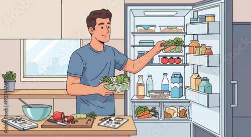 Man organizing fresh produce in an open refrigerator for healthy meal prep
