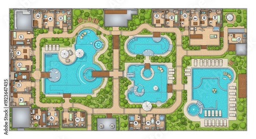 Luxurious resort plan featuring multiple swimming pools and surrounding amenities for relaxation.