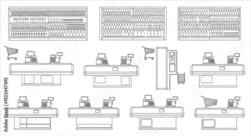 Detailed architectural blueprints showcasing various counter designs and layouts for commercial spaces.